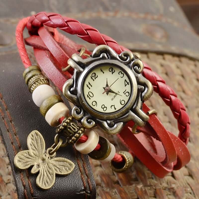 Gevlochten Leren Armbandhorloge met Bladbedel Vintage Bohemian Stijl Wikkelband Dames Kwartsuurwerk Polshorloge