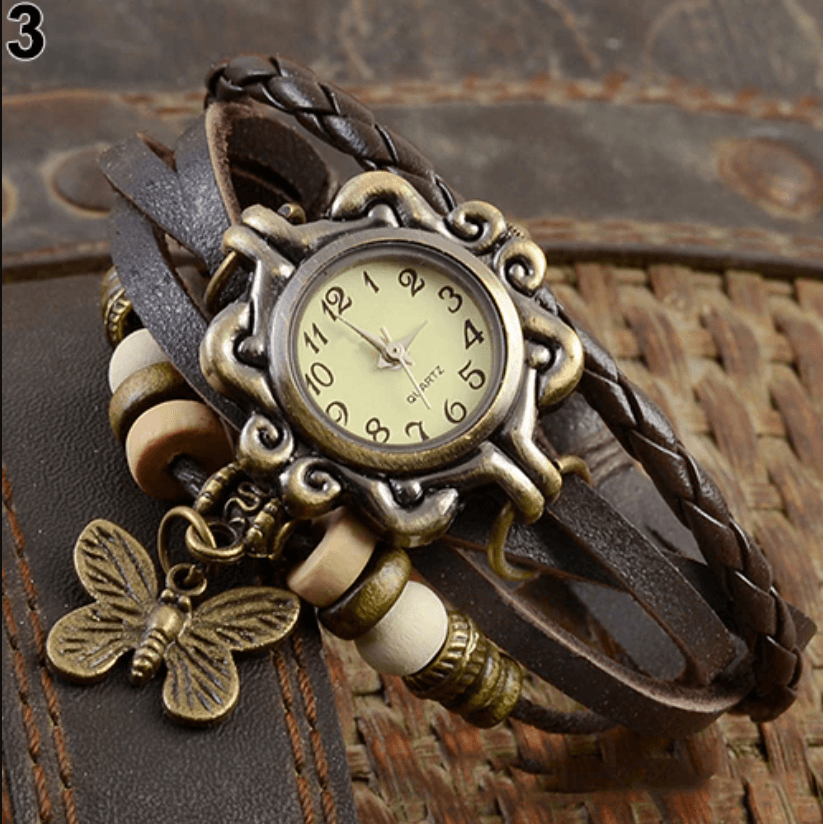 Gevlochten Leren Armbandhorloge met Bladbedel Vintage Bohemian Stijl Wikkelband Dames Kwartsuurwerk Polshorloge