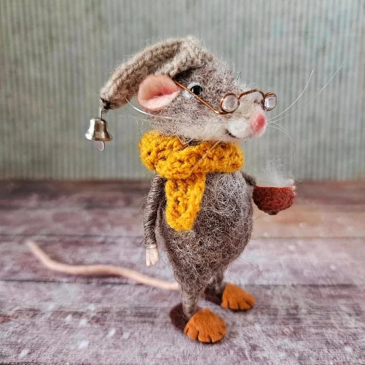 Handgemaakte Viltmuis Decoratiefiguur - Wol & Leer - 7,6 cm - Schattig Ornament voor Seizoensdecoratie