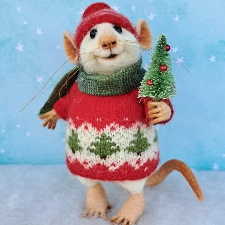 Handgemaakte Viltmuis Decoratiefiguur - Wol & Leer - 7,6 cm - Schattig Ornament voor Seizoensdecoratie