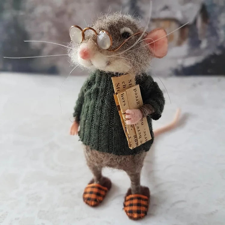 Handgemaakte Viltmuis Decoratiefiguur - Wol & Leer - 7,6 cm - Schattig Ornament voor Seizoensdecoratie