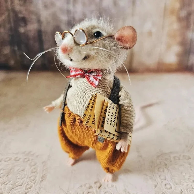 Handgemaakte Viltmuis Decoratiefiguur - Wol & Leer - 7,6 cm - Schattig Ornament voor Seizoensdecoratie