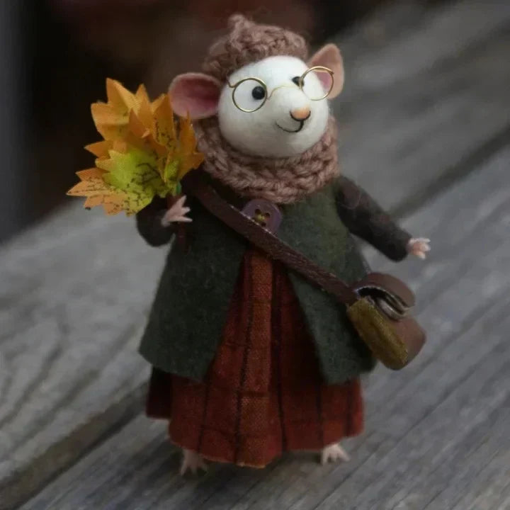 Handgemaakte Viltmuis Decoratiefiguur - Wol & Leer - 7,6 cm - Schattig Ornament voor Seizoensdecoratie
