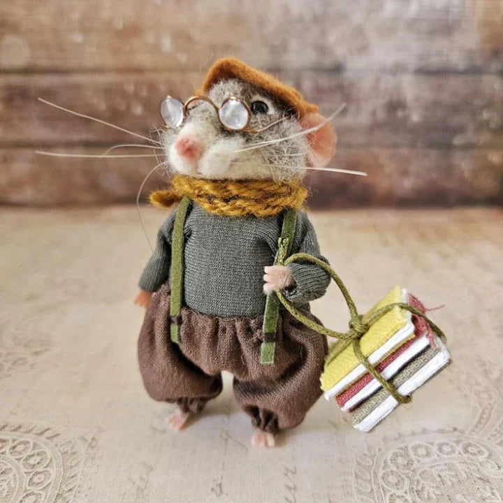 Handgemaakte Viltmuis Decoratiefiguur - Wol & Leer - 7,6 cm - Schattig Ornament voor Seizoensdecoratie