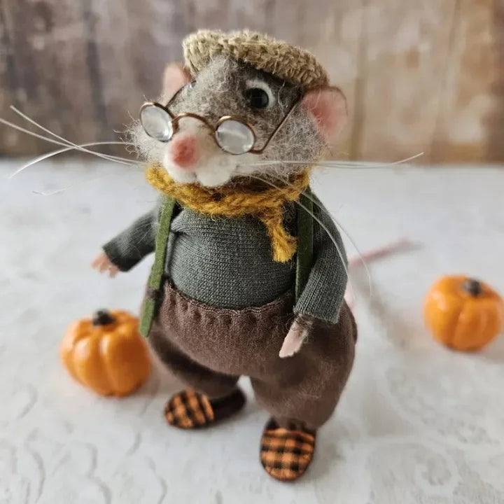 Handgemaakte Viltmuis Decoratiefiguur - Wol & Leer - 7,6 cm - Schattig Ornament voor Seizoensdecoratie