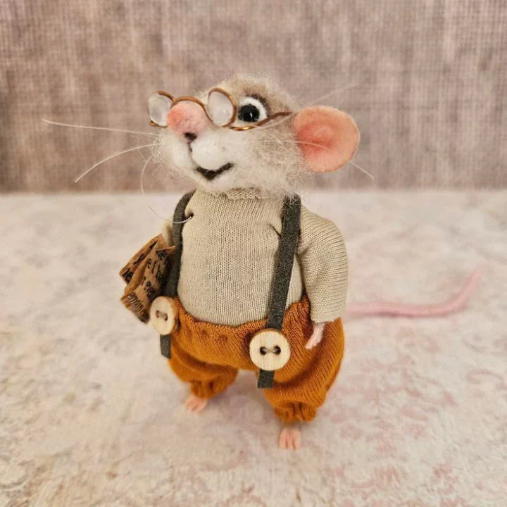 Handgemaakte Viltmuis Decoratiefiguur - Wol & Leer - 7,6 cm - Schattig Ornament voor Seizoensdecoratie