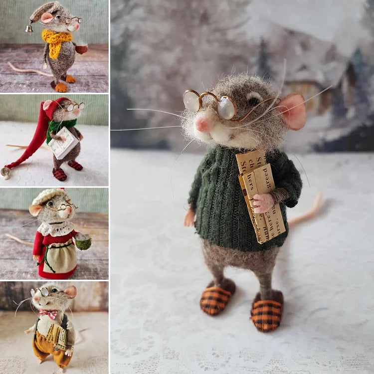 Handgemaakte Viltmuis Decoratiefiguur - Wol & Leer - 7,6 cm - Schattig Ornament voor Seizoensdecoratie