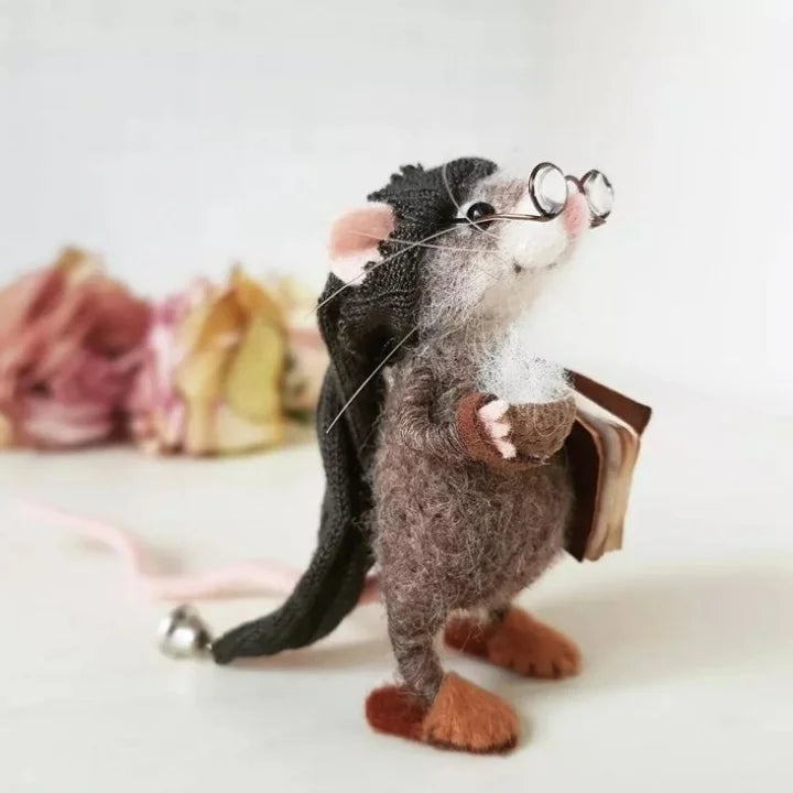 Handgemaakte Viltmuis Decoratiefiguur - Wol & Leer - 7,6 cm - Schattig Ornament voor Seizoensdecoratie