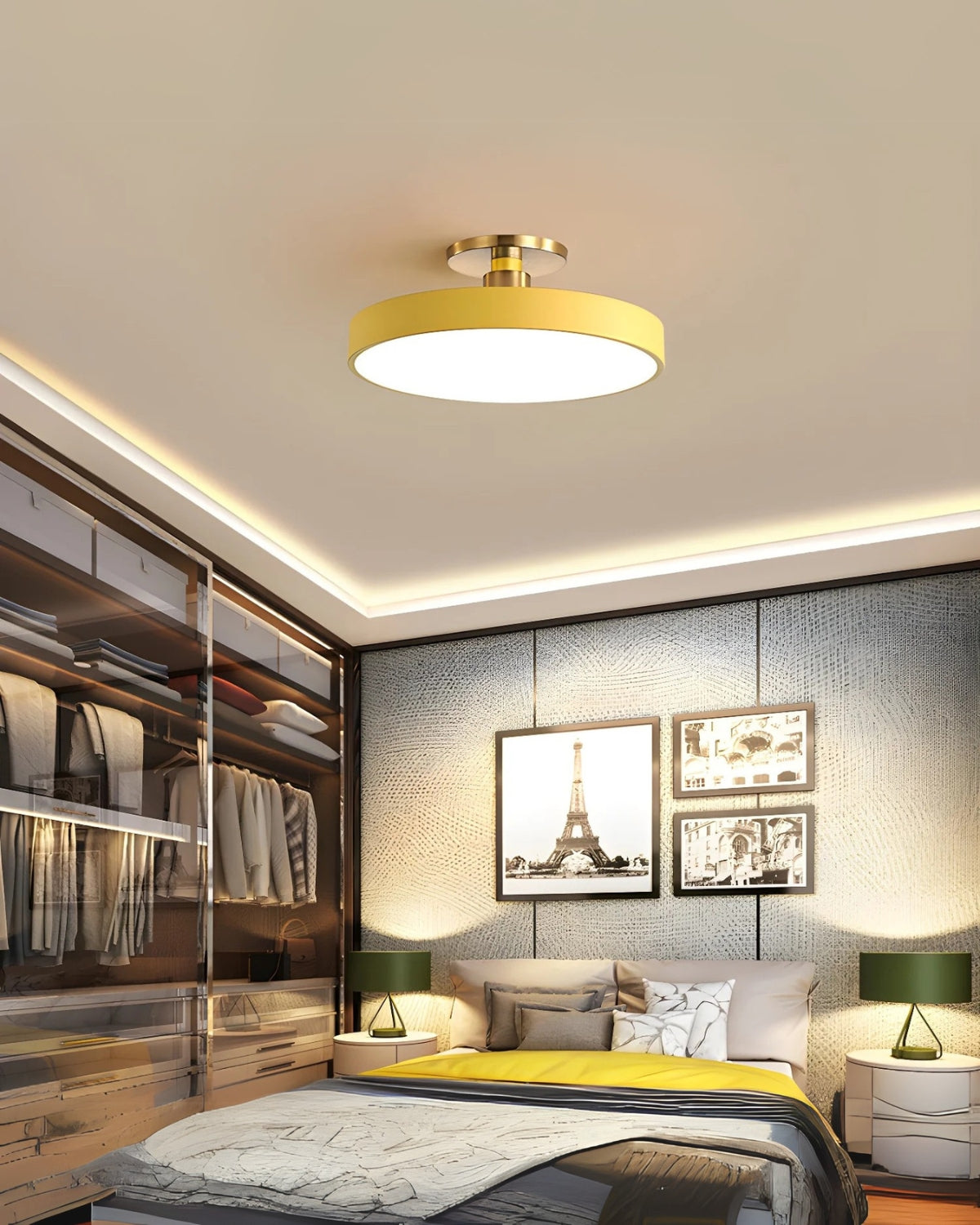 Moderne ronde plafondlamp met goud detail en acryl diffuser - minimalistische semi flush design verlichting voor woonkamer en slaapkamer