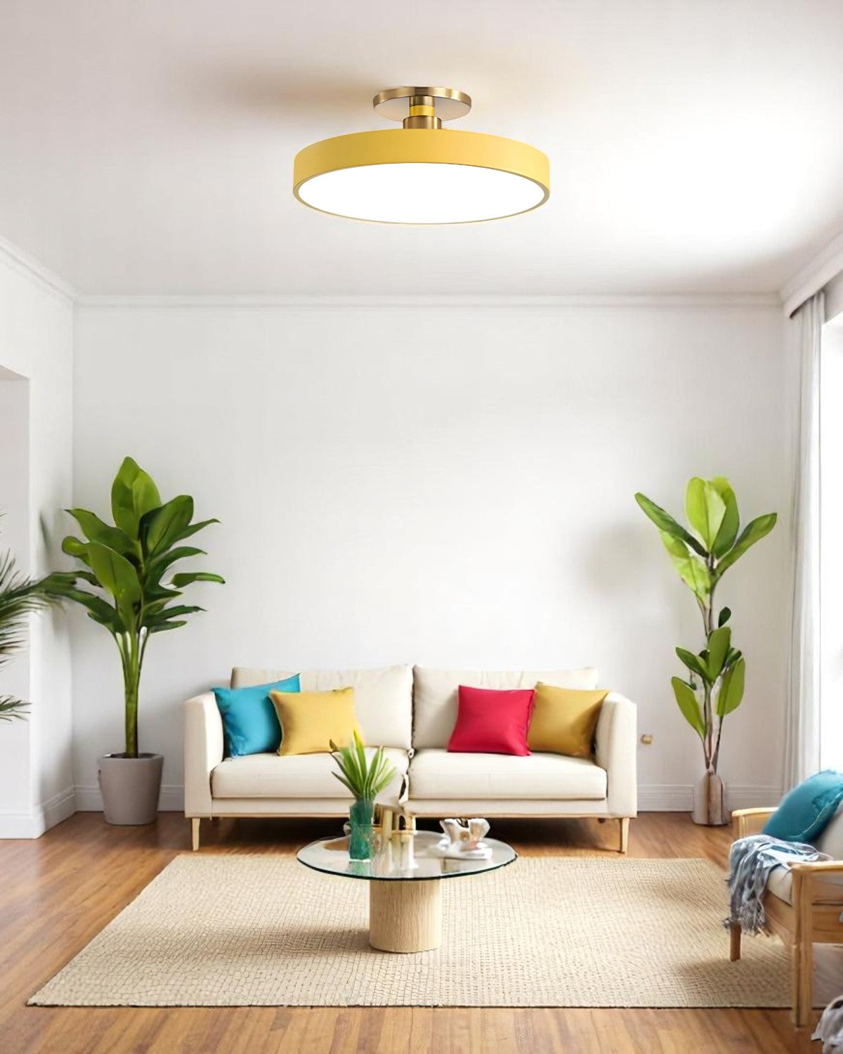 Moderne ronde plafondlamp met goud detail en acryl diffuser - minimalistische semi flush design verlichting voor woonkamer en slaapkamer
